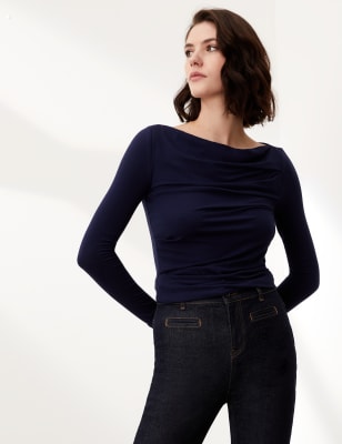 

JAEGER Womens Jersey Cowl Neck Long Sleeve Top with Wool - Navy, Navy