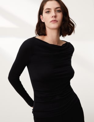 

JAEGER Womens Jersey Cowl Neck Long Sleeve Top with Wool - Black, Black