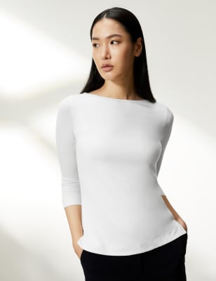 

JAEGER Womens Slash Neck 3/4 Sleeve Top - Ivory, Ivory