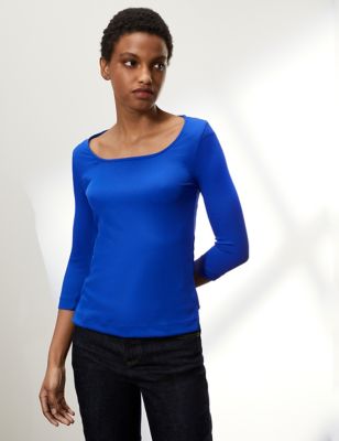 

JAEGER Womens Ribbed Square Neck 3/4 Sleeve Top - Bright Blue, Bright Blue