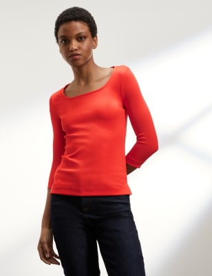 

JAEGER Womens Ribbed Square Neck 3/4 Sleeve Top - Orange, Orange