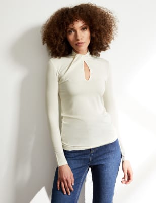 

JAEGER Womens Tencel™ Rich Twist Neck Long Sleeve Top - Ivory, Ivory