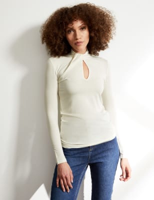 Tencel™ Rich Twist Neck Long Sleeve Top