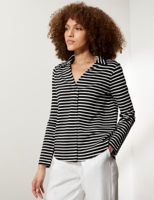 

JAEGER Womens Jersey Collared Long Sleeve Top - Black/White, Black/White