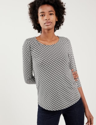 

JAEGER Womens Jersey Printed Crew Neck 3/4 Sleeve Top - White/Black, White/Black