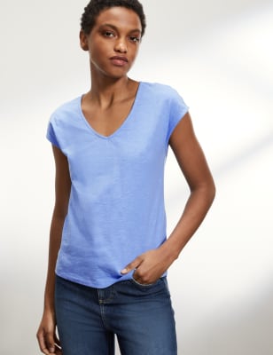 

JAEGER Womens Kurzarm-T-Shirt aus reiner Baumwolle mit V-Ausschnitt - Blue, Blue