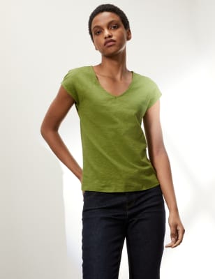 

JAEGER Womens Pure Cotton V-Neck Short Sleeve T-Shirt - Green, Green