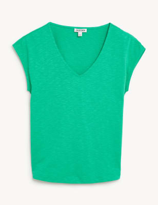 

JAEGER Womens Pure Cotton V-Neck Short Sleeve T-Shirt - Bright Green, Bright Green