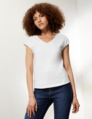 

JAEGER Womens Kurzarm-T-Shirt aus reiner Baumwolle mit V-Ausschnitt - Ivory, Ivory