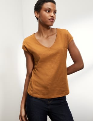 

JAEGER Womens Pure Cotton V-Neck Short Sleeve T-Shirt - Ginger, Ginger