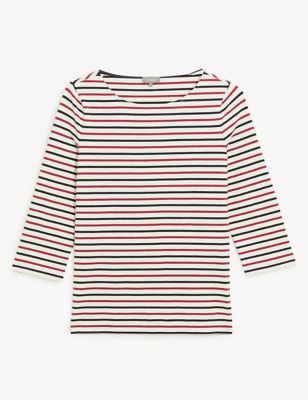 M&S Jaeger Womens Cotton Rich Striped 3/4 Sleeve Top