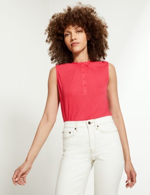 

JAEGER Womens Round Neck Sleeveless Blouse with Linen - Hot Pink, Hot Pink