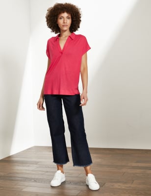

JAEGER Womens V-Neck Short Sleeve Shirt with Linen - Pink, Pink