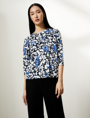 

JAEGER Womens Jersey Floral Print Crew Neck 3/4 Sleeve Top - Blue, Blue