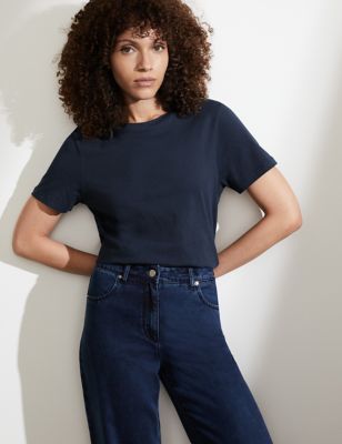 Marks And Spencer JAEGER  Womens  Pure Cotton Crew Neck T-Shirt - Navy