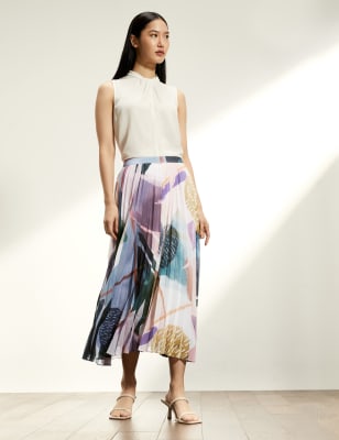 

JAEGER Womens Printed Pleated Midi Skirt - Pink Mix, Pink Mix