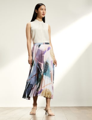 Printed Pleated Midi Skirt