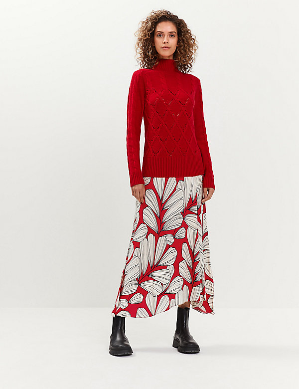 Leaf Print Midi A-Line Skirt