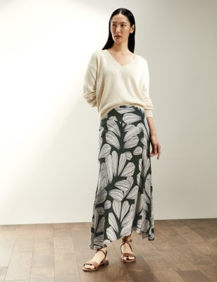 

JAEGER Womens Leaf Print Midi A-Line Skirt - Khaki, Khaki
