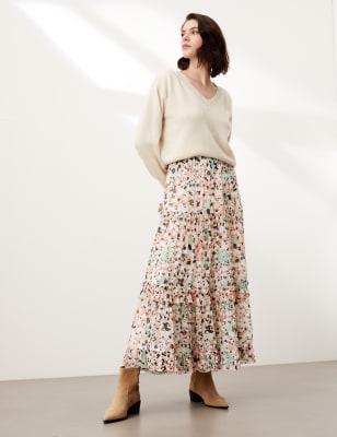 

JAEGER Womens Floral Print Ruffle Midi Tiered Skirt - Pink Mix, Pink Mix