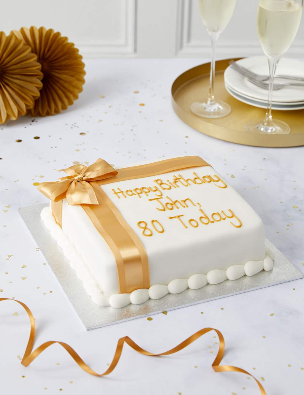 Personalised Celebration Sponge Cake with Gold Ribbon (Serves 30)