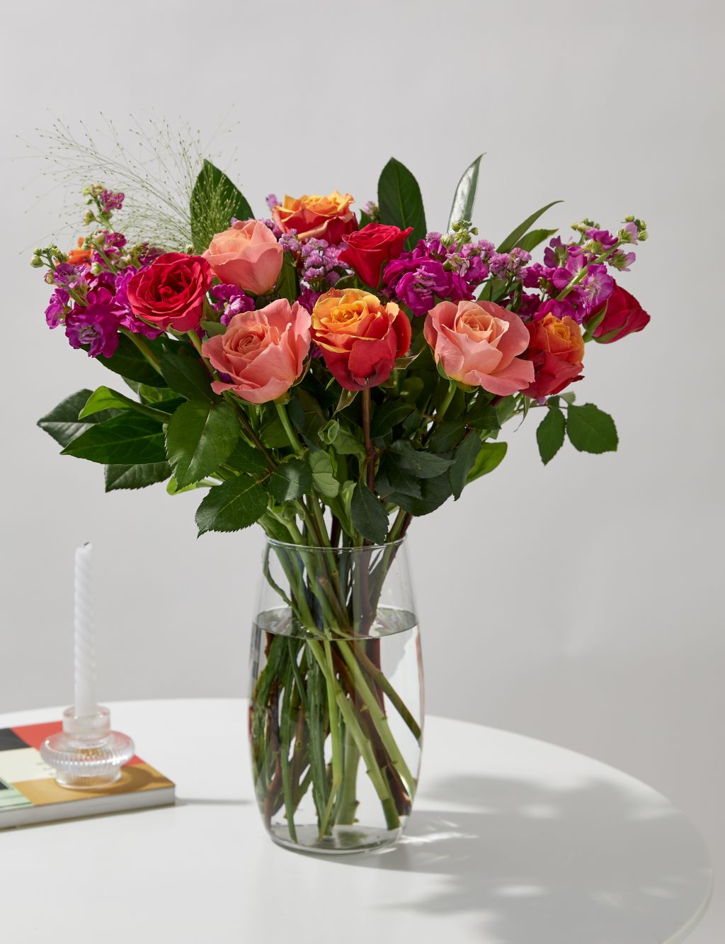 Roses, Statice & Spray Stock Bright Bouquet