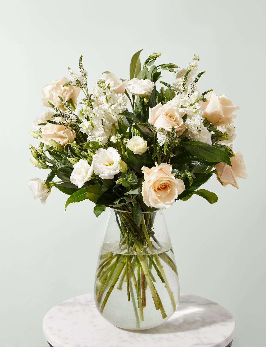 Rose, Delphinium & Stock White Bouquet (Available until 02/03/24)