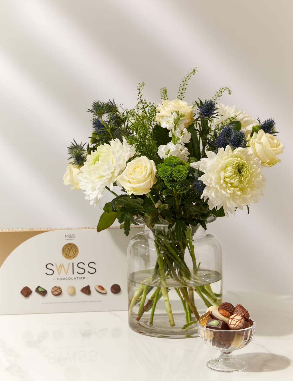 Rose & Seathistle Bouquet with Swiss Chocolates