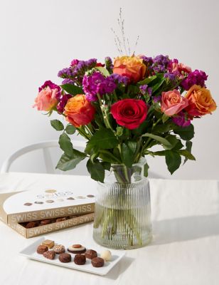 Roses, Iris & Stock Bouquet with Chocolates