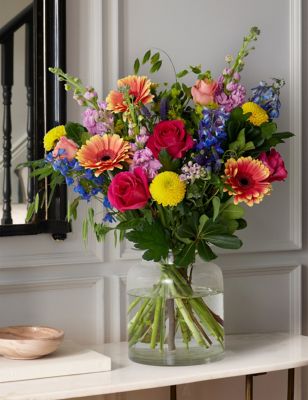 Delphinium, Roses & Gerbera Bright Bouquet