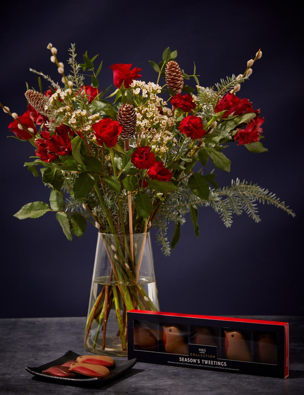 Festive Red Rose & Spray Carnation Bouquet with Chocolates