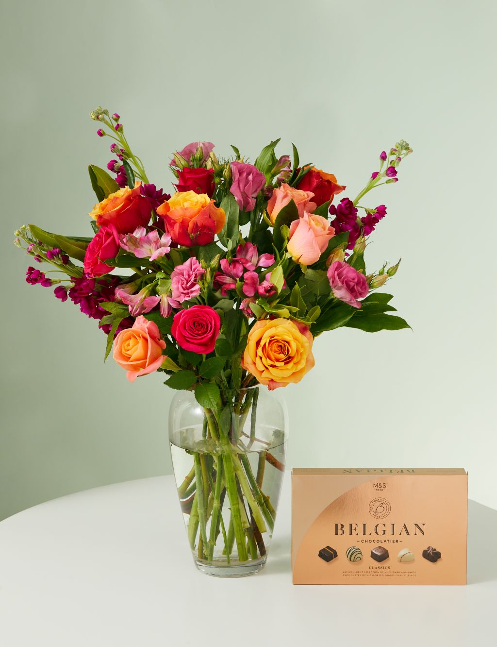 Roses, Lisianthus & Stock Bright Bouquet with Belgian Chocolates