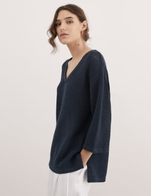 

JAEGER Womens Cotton Rich V-Neck Relaxed Jumper - Navy, Navy