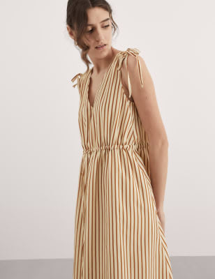 Silk Blend Striped V-Neck Midi Column Dress