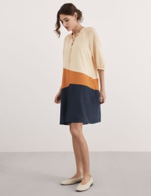 Silk Blend Colour Block V-Neck Swing Dress