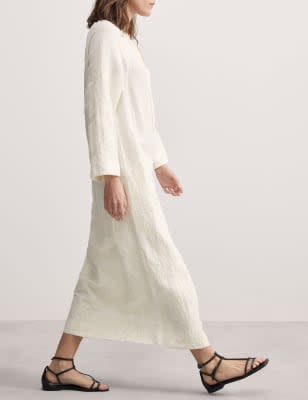 Linen Rich Embroidered Tie Neck Midi Shift Dress - GR