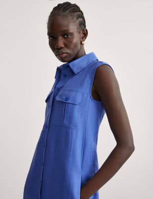 Jaeger Women's Pure Linen Utility Shirt Dress - 8 - Blue, Blue