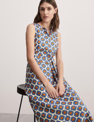 

JAEGER Womens Pure Linen Geometric Midi Skater Dress - Blue Mix, Blue Mix