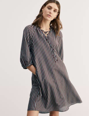 Silk Blend Striped Tie Neck Mini Shift Dress