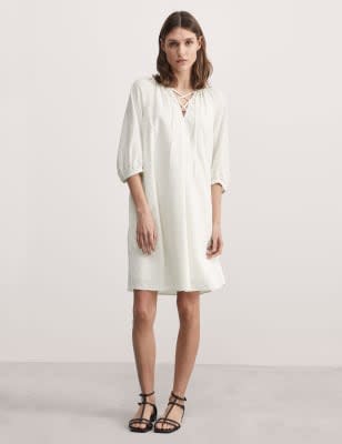 Jaeger Women's Cotton Blend Tie Neck Relaxed Shift Dress - 8 - White, White