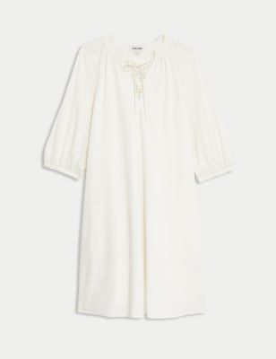 Cotton Blend Tie Neck Relaxed Shift Dress