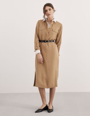 Jaeger Womens Pure Lyocell Belted Midi Utility Dress - 10 - Camel, Camel
