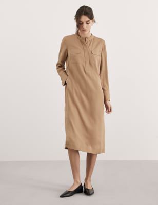 Jaeger Womens Pure Lyocell Belted Midi Utility Dress - 10 - Camel, Camel