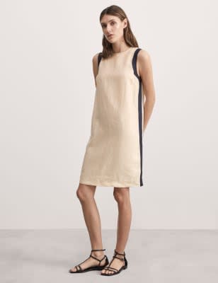 Jaeger Women's Pure Linen Side Stripe Mini Shift Dress - 8 - Parchment, Parchment