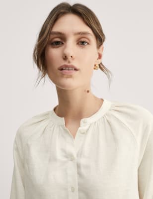 Jaeger Women's Linen Rich Crew Neck Button Through Blouse - 8 - Ivory, Ivory