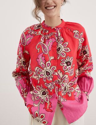 Jaeger Womens Pure Linen Paisley Crew Neck Relaxed Top - 10 - Red Mix, Red Mix