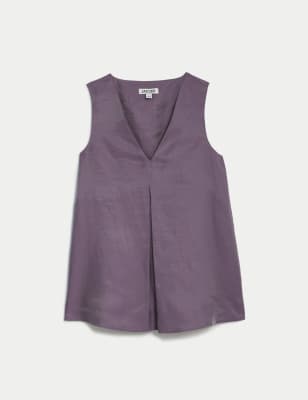 Linen Rich V-Neck Pleat Detail Shell Top