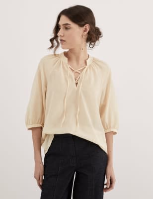 Cotton Rich Tie Neck Blouse