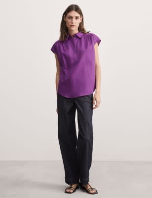 

JAEGER Womens Linen Rich Collared Cap Sleeve Top - Purple, Purple
