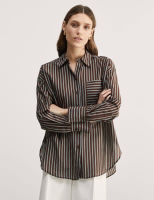 Jaeger Womens Silk Blend Collared Button Through Utility Shirt - 8 - Chocolate Mix, Chocolate Mix